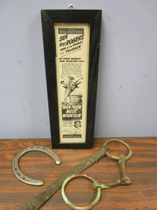 lot 725 image: VINTAGE ROY ROGERS MOVIE AD, ST. CROIX FORGE HORSESHOE, BIT