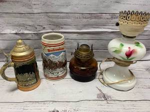 lot 20 image: 2 Old Steins & Lamps