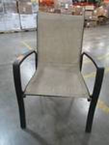 lot 263 image: Garden Treasures Patio Sling Chair, Metal frame - Small Rip in fabric top RH Corner and some Damage to top of chair frame.