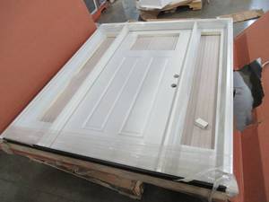 lot 216 image: Reliabilt 2 Panel 36 X 80 Exterior Door in Arctic White With 14 Lite And Full Side Lites - Glass Not Included Door and Frame Only.