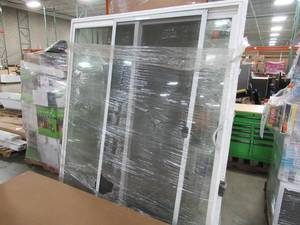 lot 217 image: White Vinyl Patio Door With Screen, Slides Right, Fin Install, Approximate Measurements 71 X 80 X 3 14 Wall.