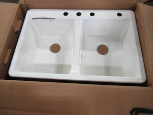 lot 230 image: KOHLER Deerfield 33-in x 22-in White Double-Basin Cast Iron Drop-In 3-Hole Residential Kitchen Sink R5873-4-0 - Chipped Enamel on LH Basin.