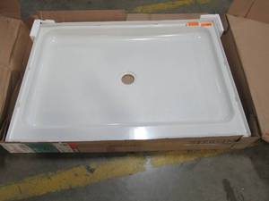 lot 239 image: Sterling Ensemble White Vikrell Shower Base 34-in W x 48-in L with Center Drain 72121800-0 - Crack on Back RH Corner