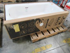 lot 242 image: Bootz Maui 60 X 30 X 15 12 Left Drain Rectangular Alcove Soaking Bathtub in White - Enamel Damage on RH & LH Top Near Tile Flange.