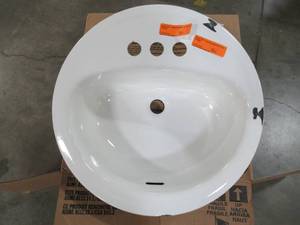 lot 243 image: Bootz Laurel 19 Round Self-Rimming Bathroom Sink in White, Some Enamel Chipping on Rim.
