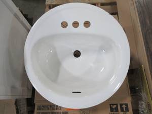 lot 245 image: Bootz Laurel 19 Round Self-Rimming Bathroom Sink in White, Some Enamel Chipping on Rim.