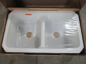 lot 246 image: Thermocast Newport Undermount Acrylic 33 in. Double Bowl Kitchen Sink in White 40000-UM