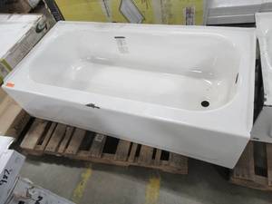 lot 256 image: American Standard Princeton 60 X 30 X 14 14 Americast Right Hand Drain Bathtub in White - Enamel Damage on top center of threshold.