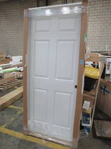 lot 268 image: Jeld-Wen Colonist Brilliant White 6 Panel Interior Door 36 X 80 Left Swing. Single Bore, Hollow Core.