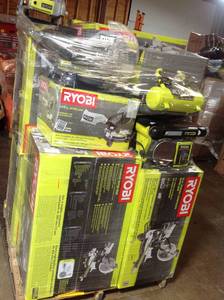 lot 21 image: Pallet with assorted Ryobi Toolls. Customer returns. Some of the contents of this pallets are Sliding Compound Miter Saw,Table Saw and more aprox retail $ 4000