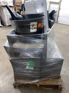 lot 24 image: Pallet with outdoor items includes Park Trail Grey 4-Piece Wicker Patio Conversation Set with Light Brown Cushions mail boxes and more