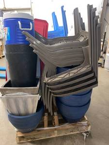 lot 22 image: Pallet with assorted outdoor products includes chairs, cooler, pots and more