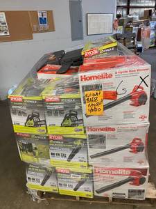 lot 26 image: Pallet of assorted outdoor tools including blowers and chainsaws customer returns