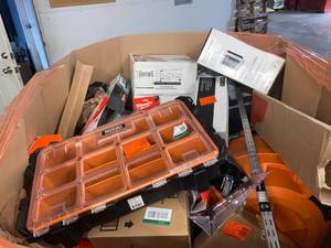 lot 28 image: Gaylord with assorted tools,Plumbing,Lights and more retail Aprox $2500