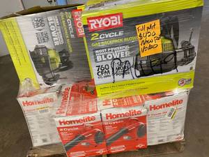 lot 32 image: Pallet with assorted outdoot tools Gas Blowers, Backpack blowers and more Ryobi, Homelite