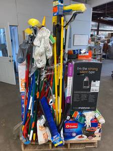 lot 23 image: Pallets of  assorted Houseware items including cleaning Tools and Utensils Garbage cans and more