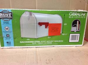 lot 83 image: Gibraltar Mailboxes Elite White Medium Galvanized Steel Post-Mount Mailbox in good Condition