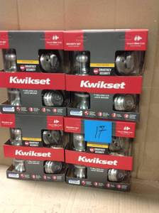 lot 17 image: Kwikset Juno Satin Nickel Exterior Entry Door Knob and Single Cylinder Deadbolt Combo Pack Featuring SmartKey Security in good condition