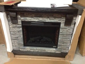 lot 103 image: Home Decorators Collection Highland 50 in. Faux Stone Mantel Electric Fireplace in Gray  IN GOOD CONDITIONS