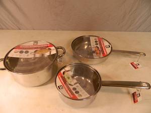 3 New Stainless Steel Pots  Pans with Glass Lids