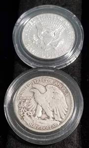 2 SILVER HALF DOLLARS 1942-S WALKING LIB 1964 KENNEDY IN AIRTITES