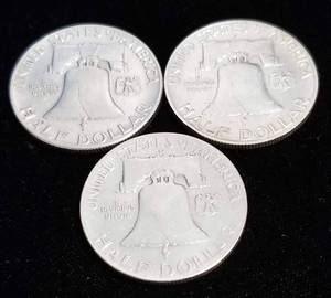 3 EARLY DATE FRANKLIN HALF DOLLARS 1949 1949-D 1949-S