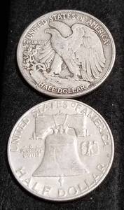 2 SILVER HALF DOLLARS 1942 WALKING LIBERTY 1960-D FRANKLIN