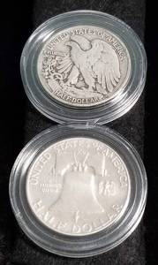 2 SILVER HALF DOLLARS 1943 WALKING LIB 1961-D FRANKLIN IN AIRTITES