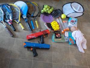 Tennis Rackets, Ball, Doll and toys...