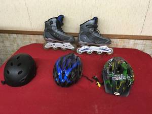 Nike Roller Blades Size 11 & Three Helmets