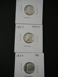 lot 33 image: 3- Roosevelt Dimes 1948, 1957 Proof, 1959 Proof
