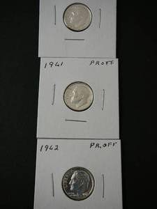 lot 34 image: 3- Roosevelt Dimes 1962 Proof, 1957 Proof, 1961Proof