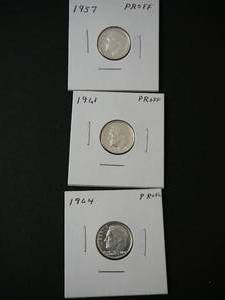 lot 35 image: 3- Roosevelt Dimes 1964 Proof, 1957 Proof, 1961Proof