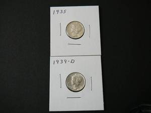 lot 38 image: 2- Mercury Dimes 1935, 1939d