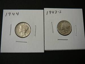 lot 41 image: 2- Mercury Silver Dimes 1943s, 1944