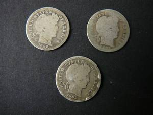lot 44 image: 3- Barber Dimes 1898, 1902o, 1905