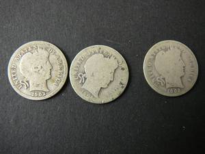 lot 45 image: 3- Barber Dimes 1902, 1903, 1904