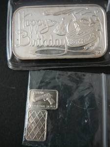 lot 51 image: .999 1 Troy oz Fine Silver  Happy Birthday & 2- 1Gram .999 Silver (has a gun on it)