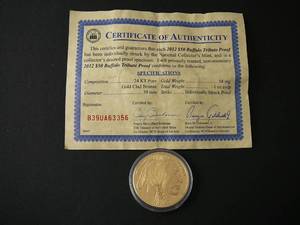 lot 53 image: 2012 $50 Buffalo Tribute Proof 24kt Pure Gold Clad Bronze Diameter 39mm Total Weight 1 oz avdp Certificate of Authenticity