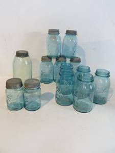 13 VINTAGE Blue Glass Ball Jars