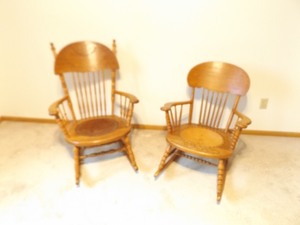 2 Antique King and Queen SOLID Turned Wood Leather Seat Rockers