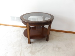 Vintage SOLID Wood Oval Glass Top Table