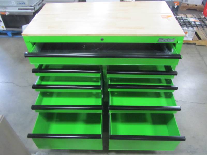 lot 157 image: International 46 in. W x 24.5 in. D 9-Drawer Tool Chest Mobile Workbench with Solid Wood Top in Green ITB46MWC9GRXD