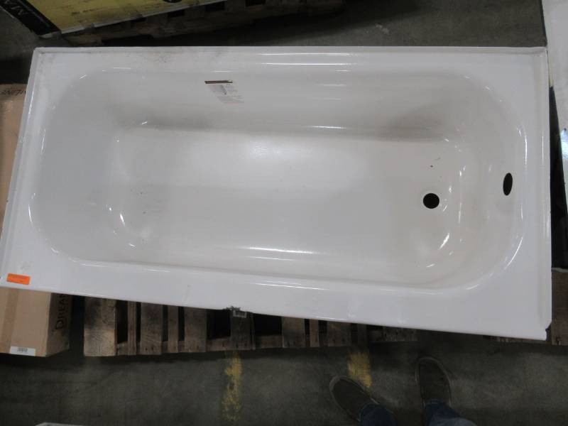 lot 256 image: American Standard Princeton 60 X 30 X 14 14 Americast Right Hand Drain Bathtub in White - Enamel Damage on top center of threshold.