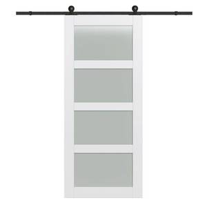 lot 315 image: Mmi Doors 36 in. x 84 in. 4-Lite Frosted Glass Primed MDF Sliding Barn Door with Hardware Kit, Z0364974