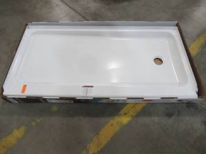 lot 222 image: Bootz ShowerCast 60 x 30 x 4 Right Drain Single Threshold Shower Base in White, Porcelain Over Steel.