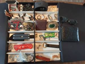 lot 43 image: Lot Of Mens Jewelry-Pocket Knives, Tokens, Belt Buckles, New Leather Wallet