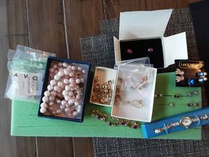 lot 48 image: Lot Of Rhinestone Earrings-Gold Tone Posts, Pearl Kids Jewelry, 1-Watch (New), Misc.