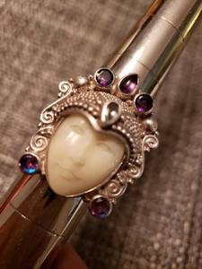 lot 3 image: Bali Goddess Ring Carved Face-Hand Crafted Sterling With Jewels. Marked Size 10, Split Back-Measures Size 8-9
