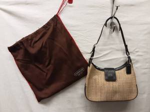 Coach Leather Trim Straw Handbag With Dust Bag